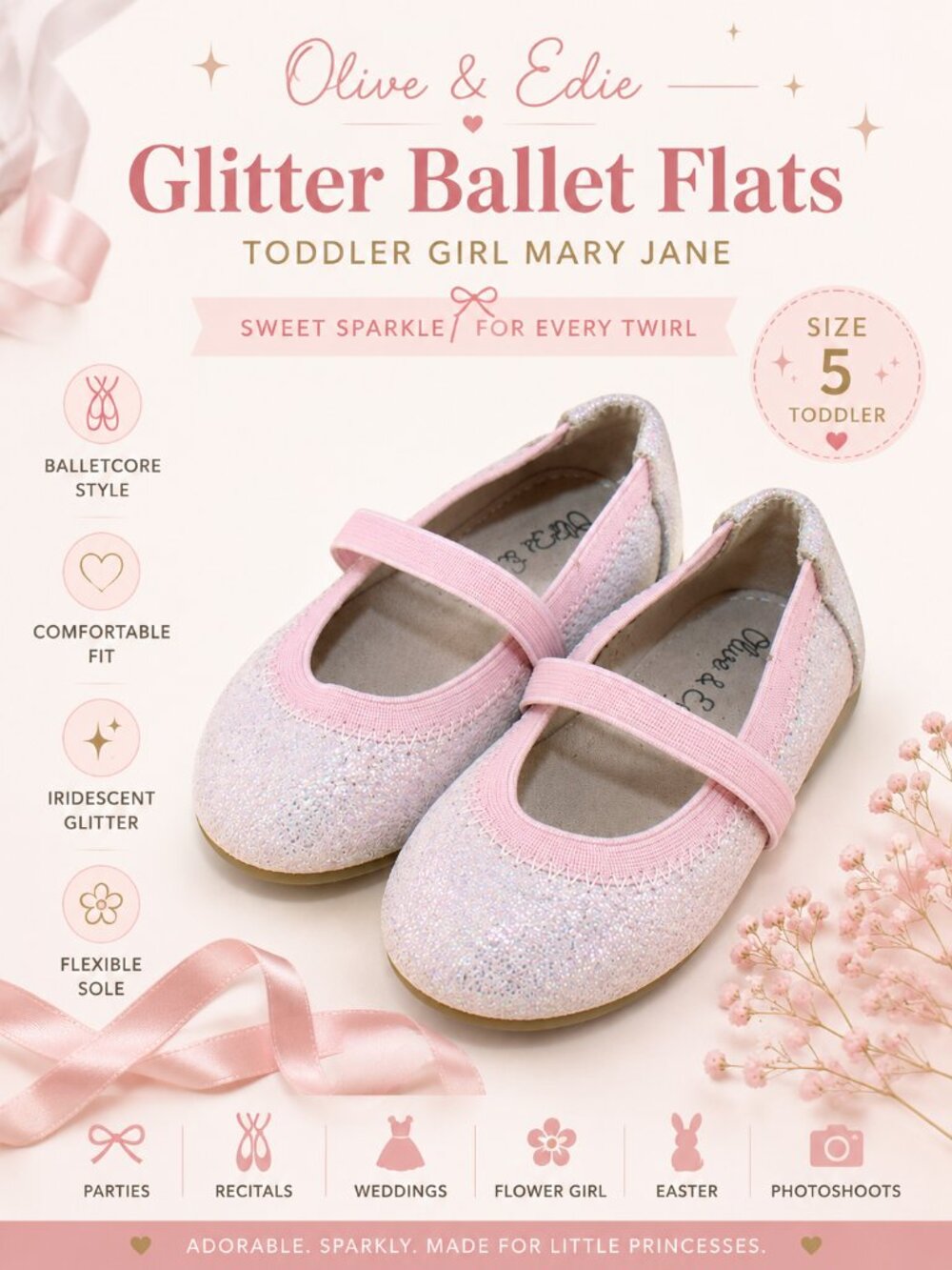 Olive & Edie Toddler Pink Glitter Ballet Flats Mary Jane Balletcore Size 5
